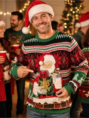 Ugly Christmas Sweater Holiday Time Santa In Chimney Fair Isle Unisex Sz XL NWT